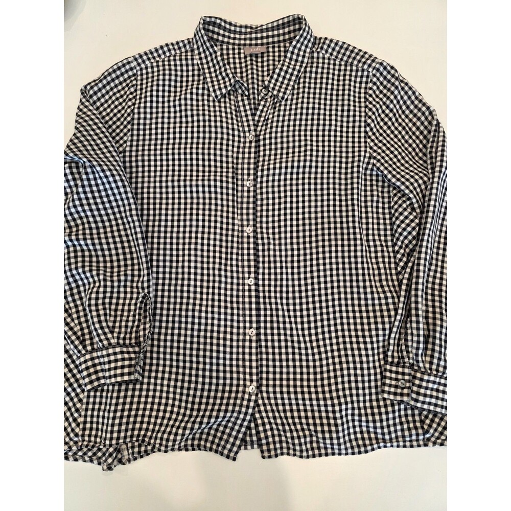 J. Jill Gingham Check Black Ivory Popover Tunic Blouse XL Buttons Collared Shirt